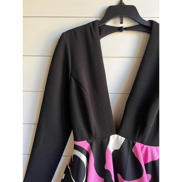 Rubber Ducky Inc. Black Pink Long Sleeve Plunge Neckline Dress Size Small USA - Picture 4 of 10